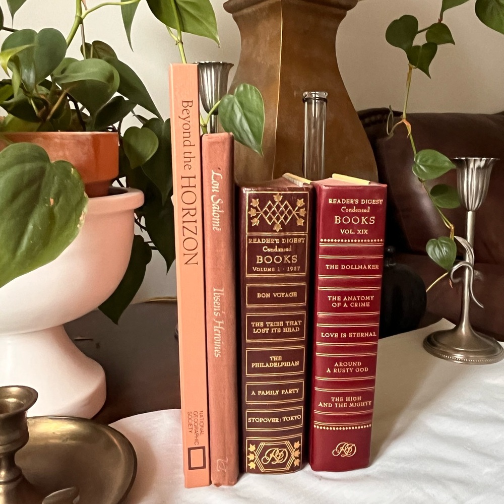 Curated Book Stack Set Decorative Vintage Hardcover Shelf Filler Brown Warm Red